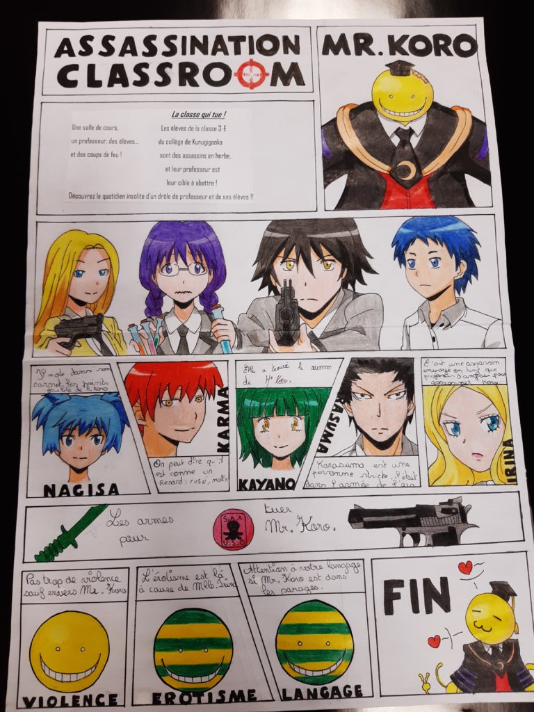 Les élèves du club Manga ont réalisé des affiches sur leurs mangas préférés, ici les superbes dessins de Loan ! 